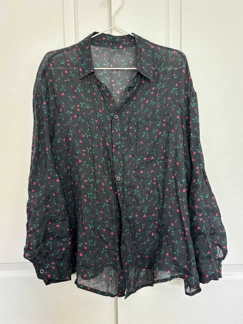 100% Organic Linen Sheer Black Voile Oversized Shirt Red Ditsy Rose Print Grunge